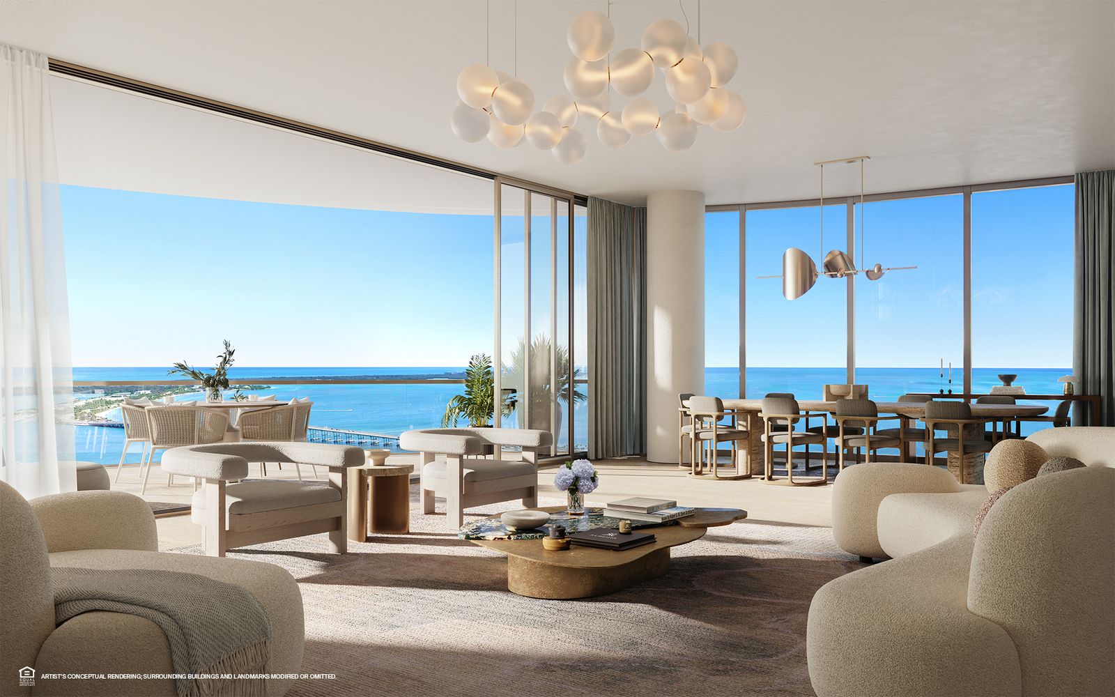Residence B living room facing the bay at St. Regis Residences Miami
